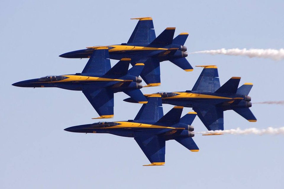 Blue Angels jets in formation in the sky