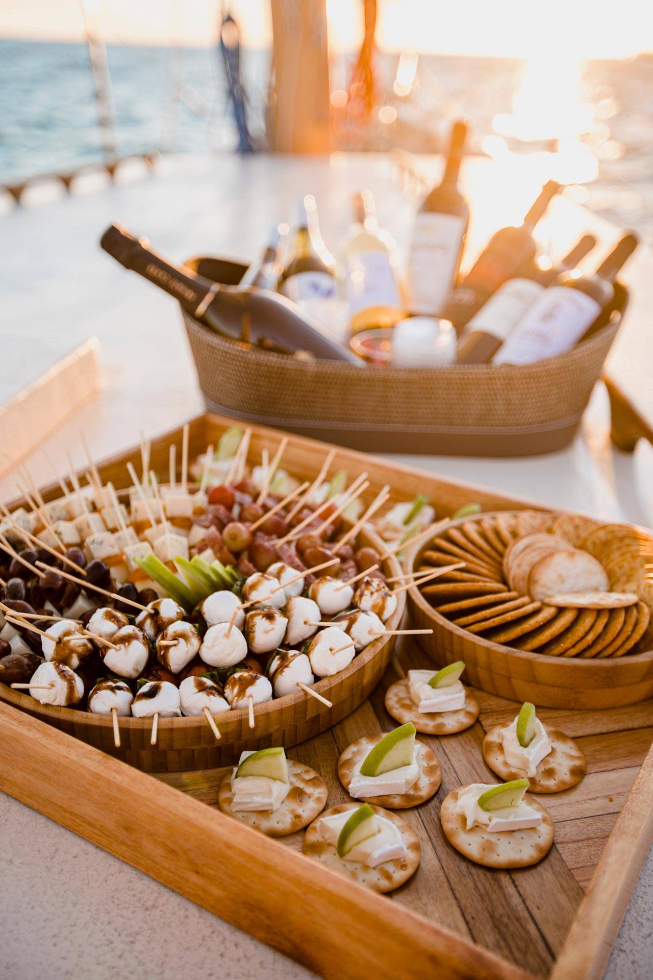 Selection of appetizers and beverages available to guests on a sailing charter in Key West, FL